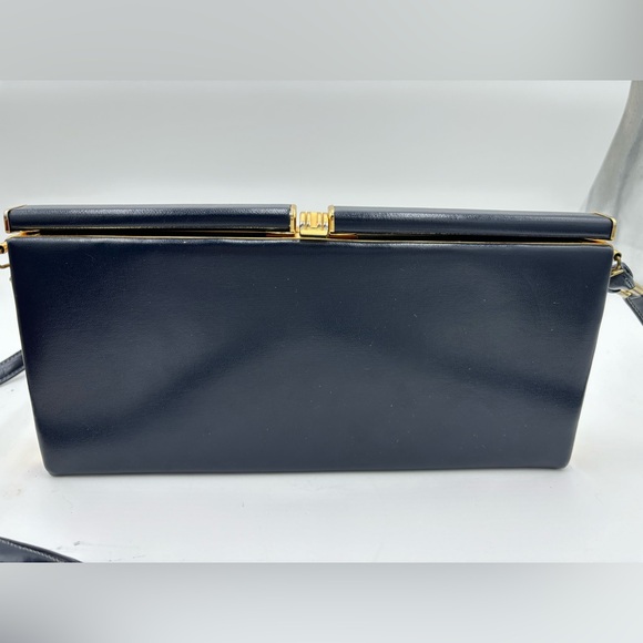 VINTAGE Hardshell Gold Clasp Navy Crossbody Pocketbook Bag - Picture 11 of 11